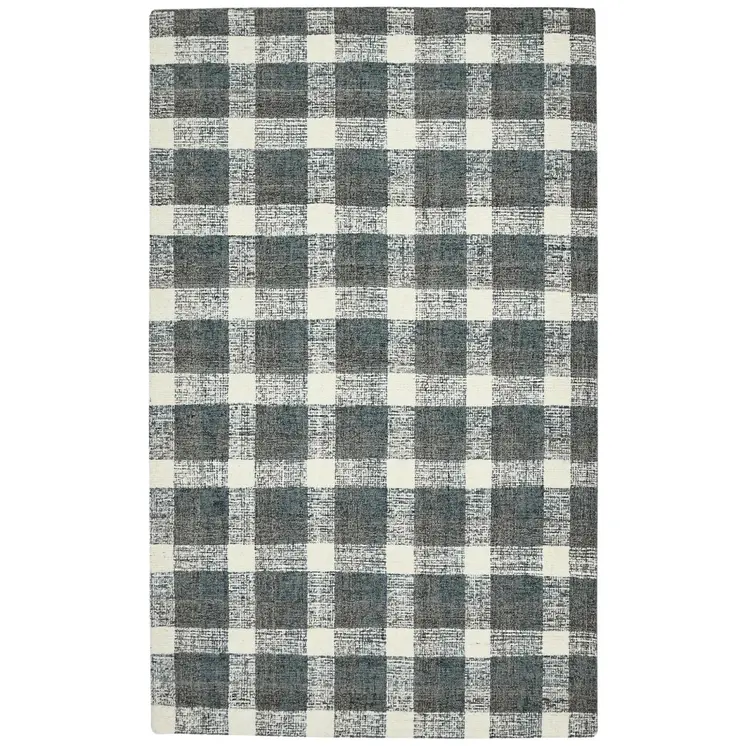 8' X 10' Dark Gray And Ivory Wool Plaid Hand Tufted Area Rug