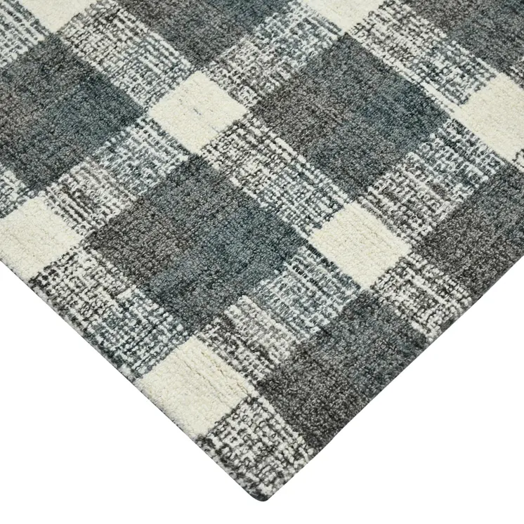 9' X 13' Dark Gray And Ivory Wool Plaid Hand Tufted Area Rug