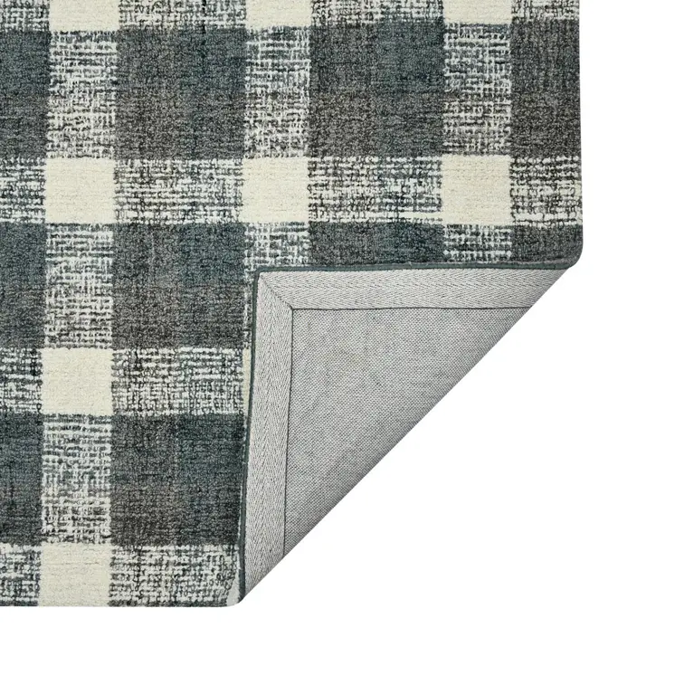 9' X 13' Dark Gray And Ivory Wool Plaid Hand Tufted Area Rug