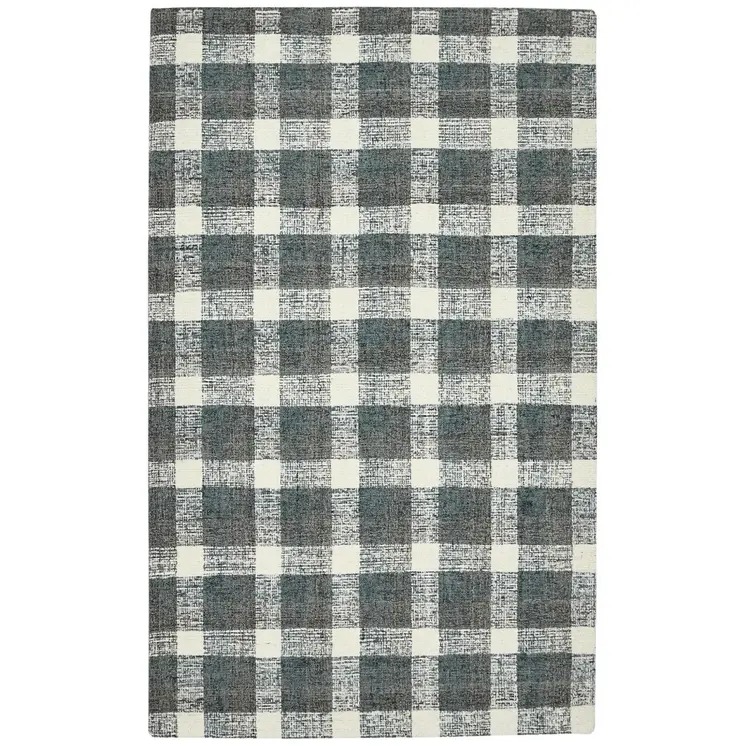 9' X 13' Dark Gray And Ivory Wool Plaid Hand Tufted Area Rug