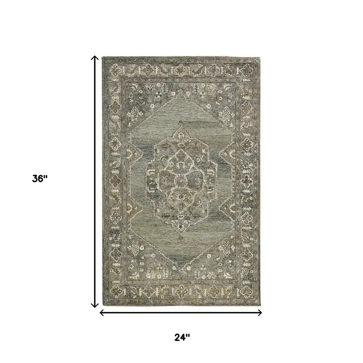 2' X 3' Ivory Brown And Gray Wool Oriental Hand Tufted Area Rug