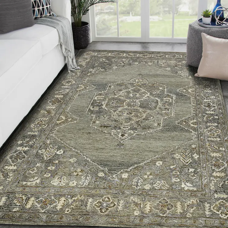 9' X 13' Ivory Brown And Gray Wool Oriental Hand Tufted Area Rug