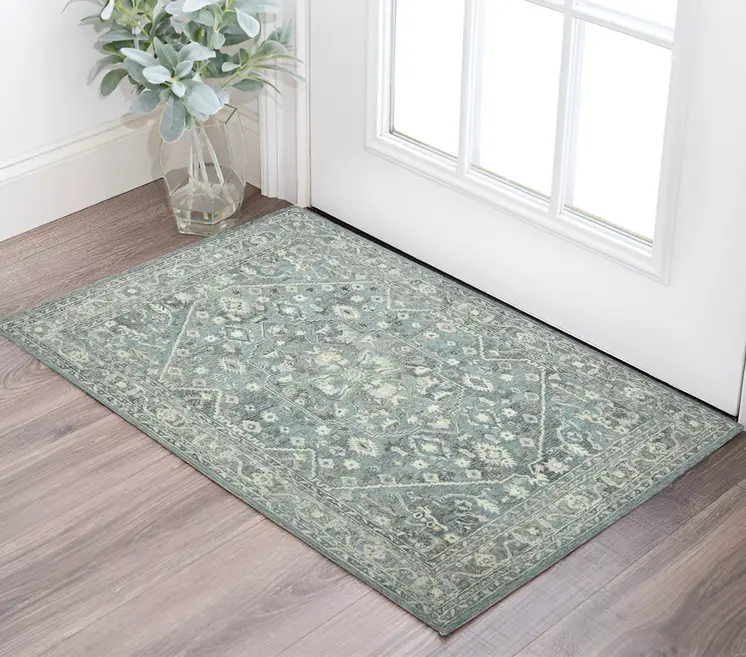 2' X 3' Sky Blue Gray And Ivory Wool Oriental Hand Tufted Area Rug