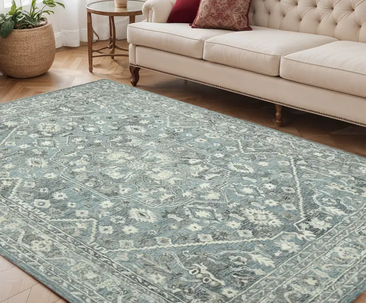 5' X 7' Sky Blue Gray And Ivory Wool Oriental Hand Tufted Area Rug
