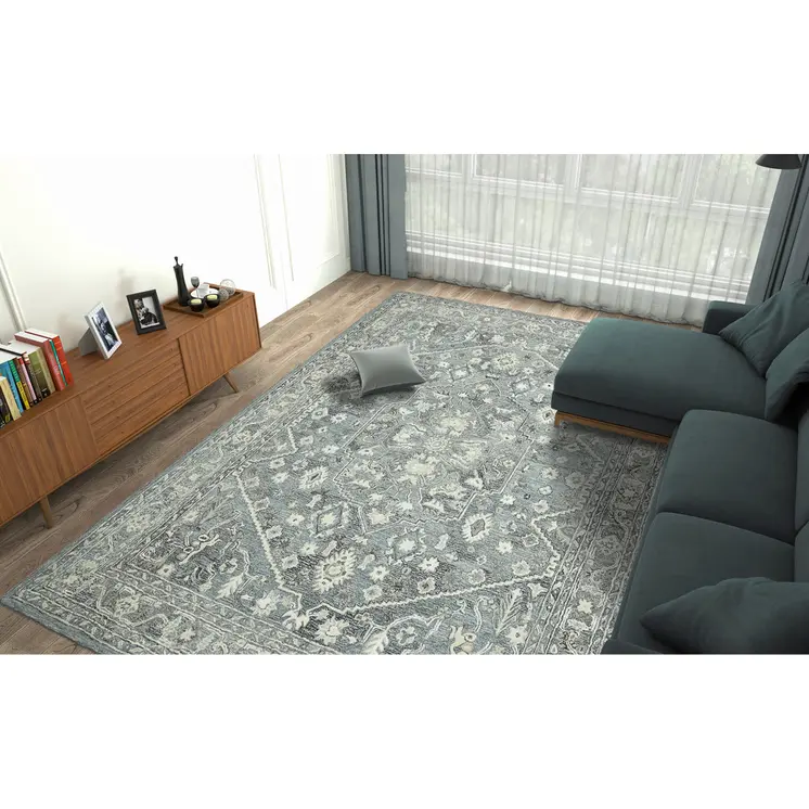 5' X 7' Sky Blue Gray And Ivory Wool Oriental Hand Tufted Area Rug