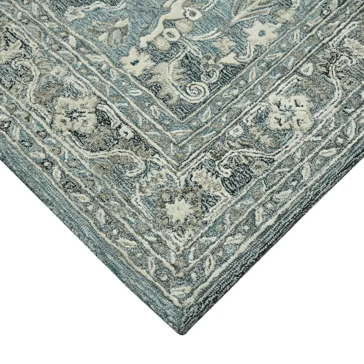 5' X 7' Sky Blue Gray And Ivory Wool Oriental Hand Tufted Area Rug