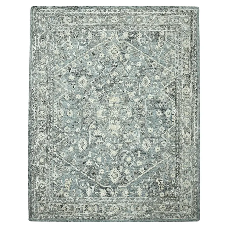 5' X 7' Sky Blue Gray And Ivory Wool Oriental Hand Tufted Area Rug
