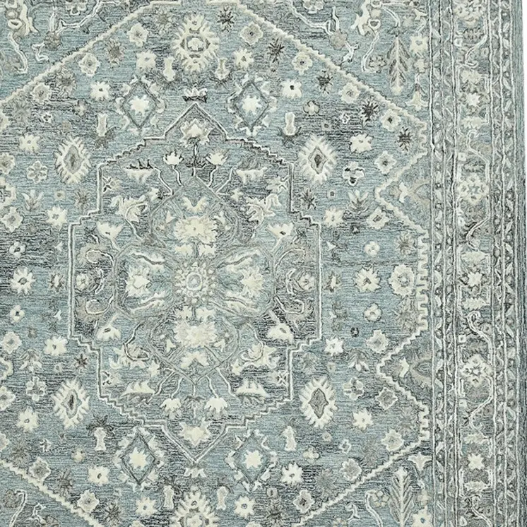 5' X 7' Sky Blue Gray And Ivory Wool Oriental Hand Tufted Area Rug