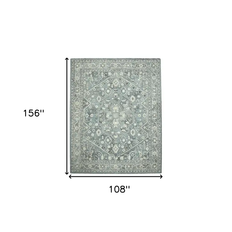 9' X 13' Sky Blue Gray And Ivory Wool Oriental Hand Tufted Area Rug