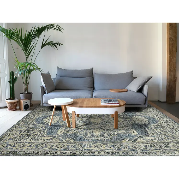 2' X 3' Denim Blue And Ivory Wool Oriental Hand Tufted Area Rug