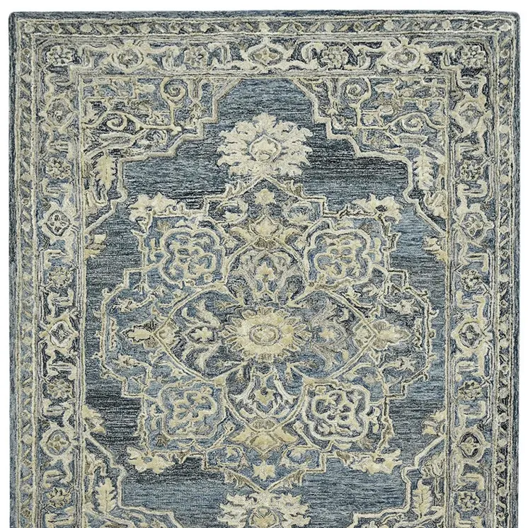 2' X 3' Denim Blue And Ivory Wool Oriental Hand Tufted Area Rug
