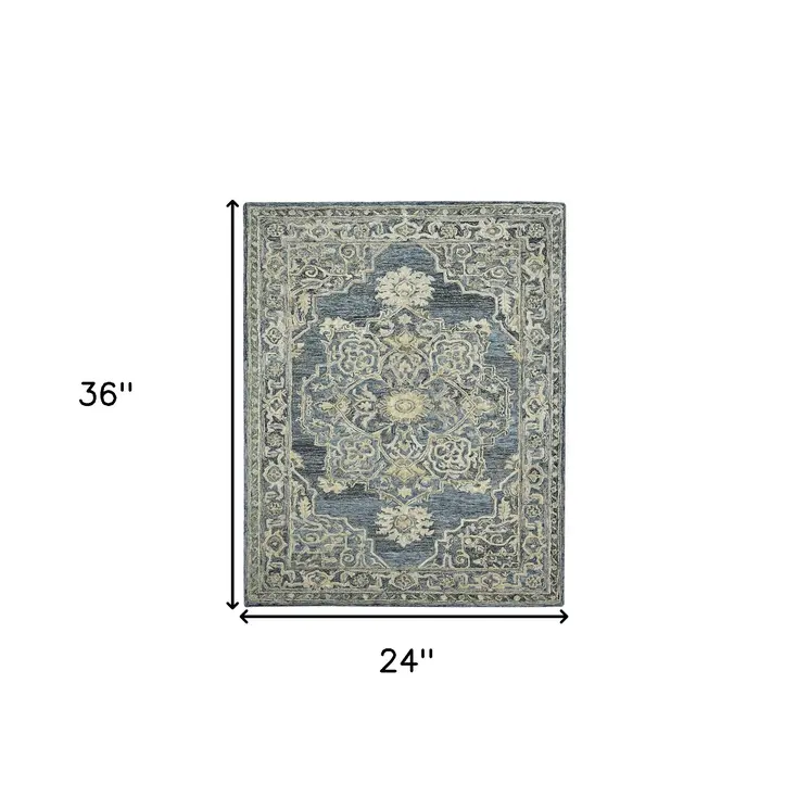 2' X 3' Denim Blue And Ivory Wool Oriental Hand Tufted Area Rug