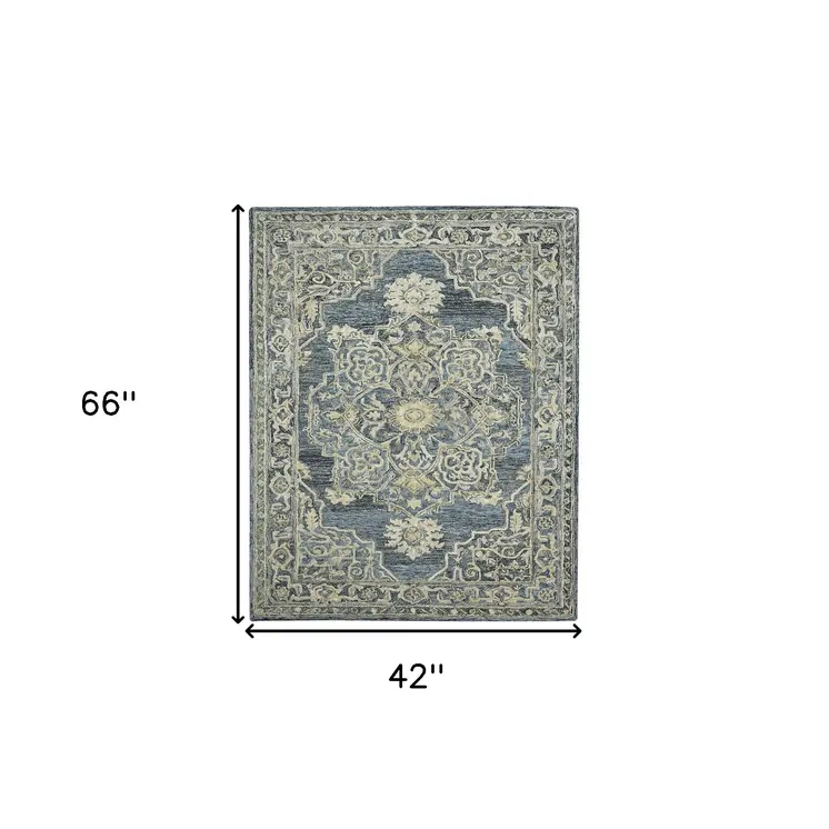 4' X 6' Denim Blue And Ivory Wool Oriental Hand Tufted Area Rug