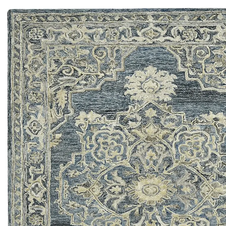 5' X 7' Denim Blue And Ivory Wool Oriental Hand Tufted Area Rug