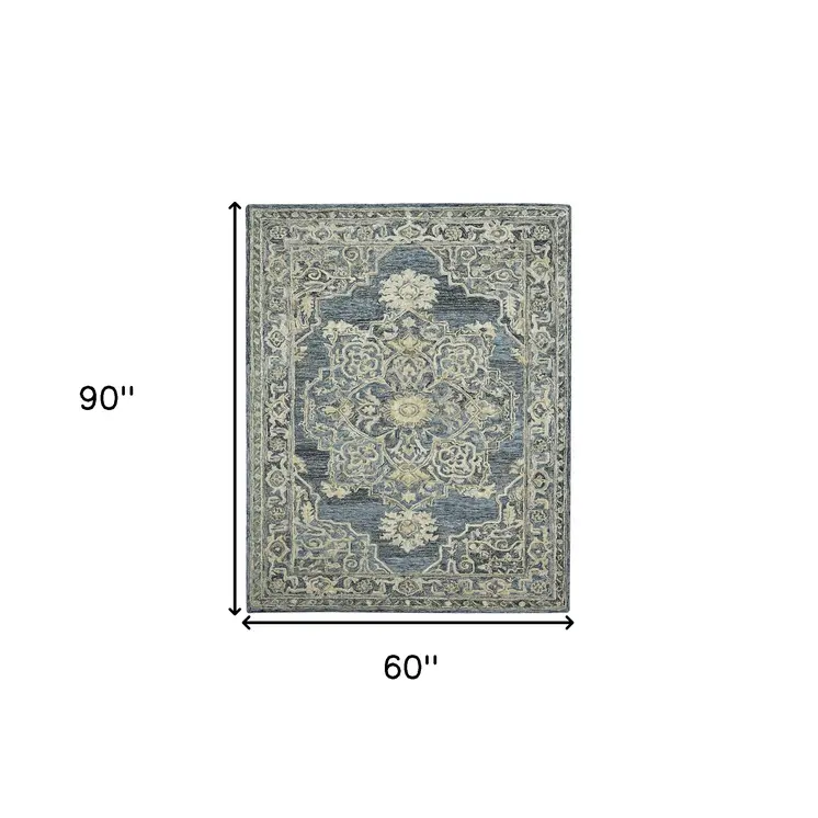 5' X 7' Denim Blue And Ivory Wool Oriental Hand Tufted Area Rug
