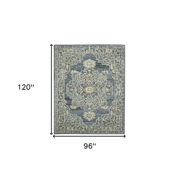 8' X 10' Denim Blue And Ivory Wool Oriental Hand Tufted Area Rug