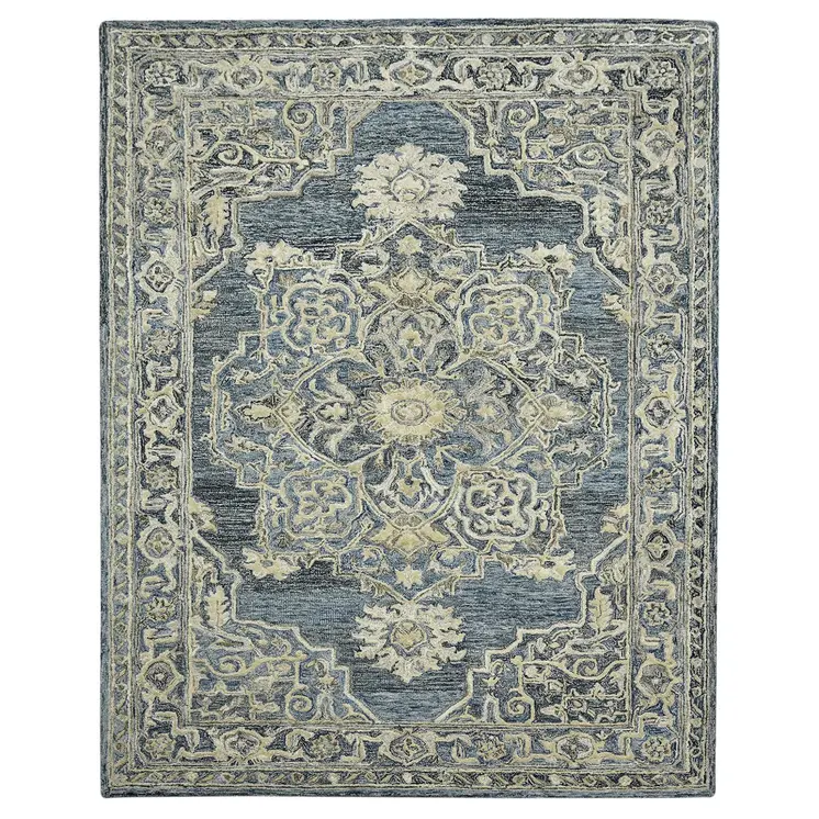 9' X 13' Denim Blue And Ivory Wool Oriental Hand Tufted Area Rug