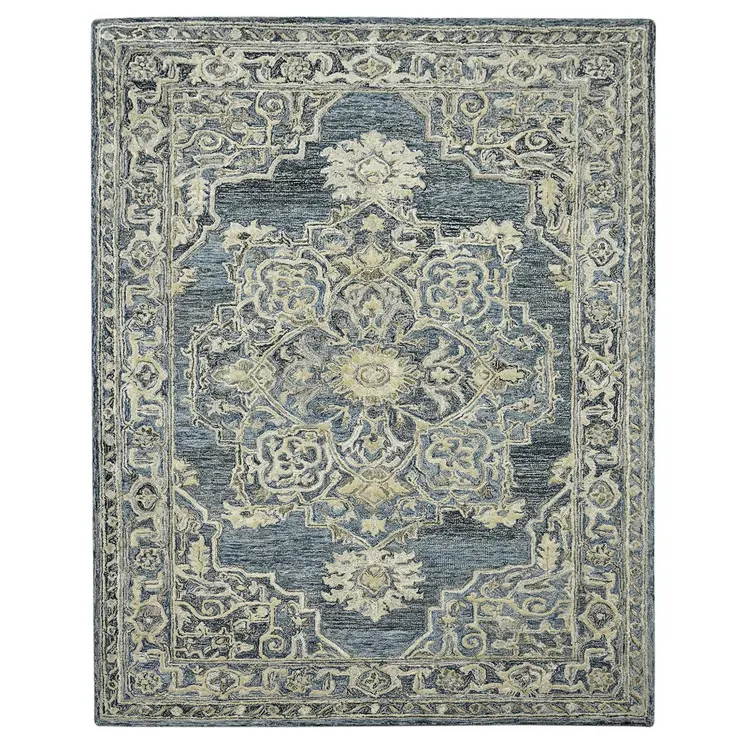 9' X 13' Denim Blue And Ivory Wool Oriental Hand Tufted Area Rug