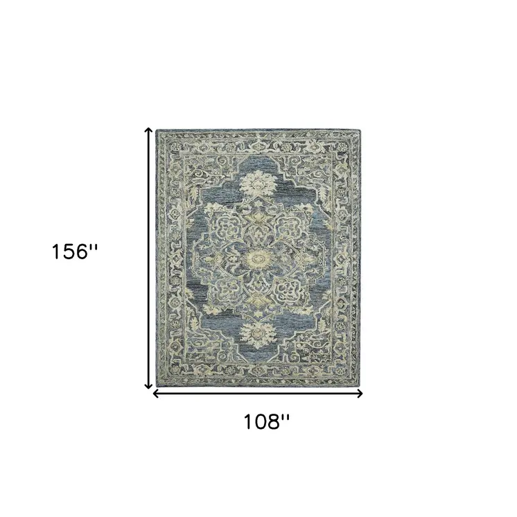 9' X 13' Denim Blue And Ivory Wool Oriental Hand Tufted Area Rug