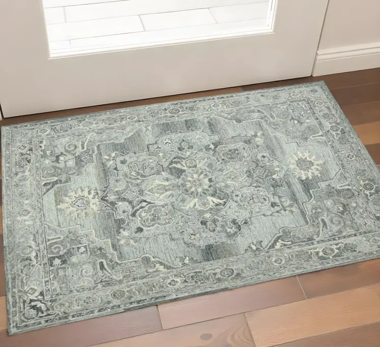 2' X 3' Gray Ivory And Light Blue Wool Oriental Hand Tufted Area Rug