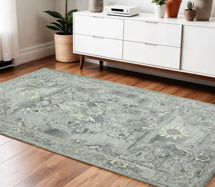 4' X 6' Gray Ivory And Light Blue Wool Oriental Hand Tufted Area Rug