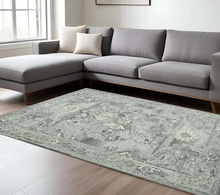 8' X 10' Gray Ivory And Light Blue Wool Oriental Hand Tufted Area Rug