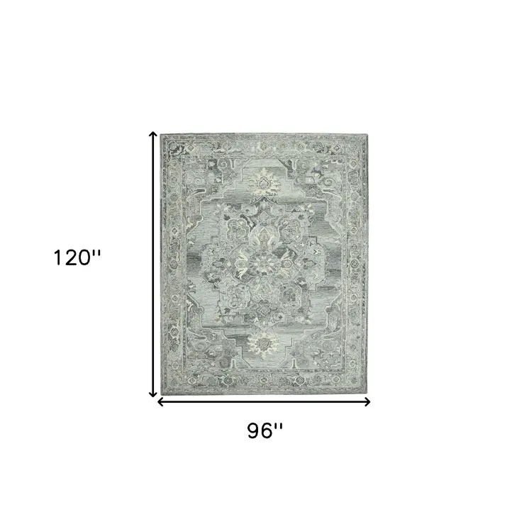 8' X 10' Gray Ivory And Light Blue Wool Oriental Hand Tufted Area Rug