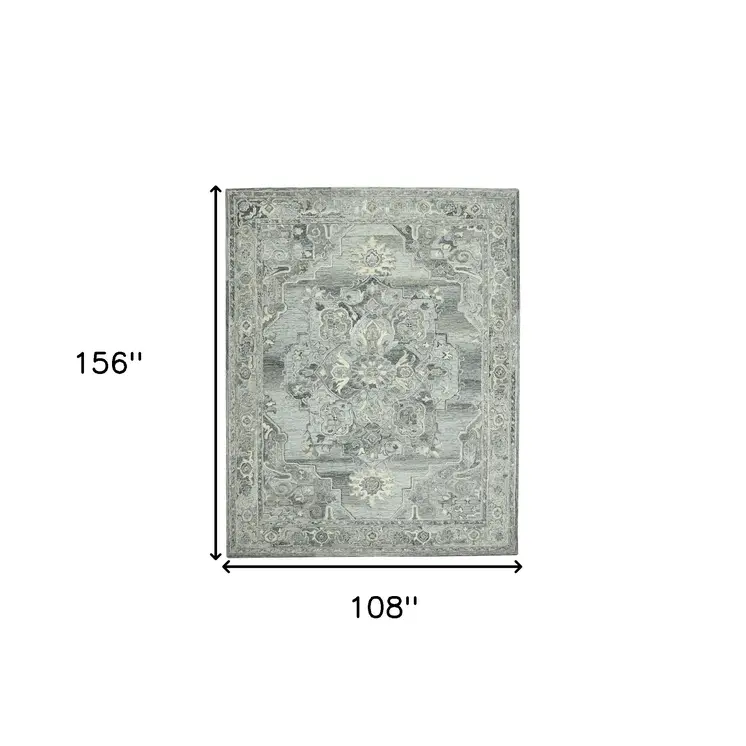 9' X 13' Gray Ivory And Light Blue Wool Oriental Hand Tufted Area Rug