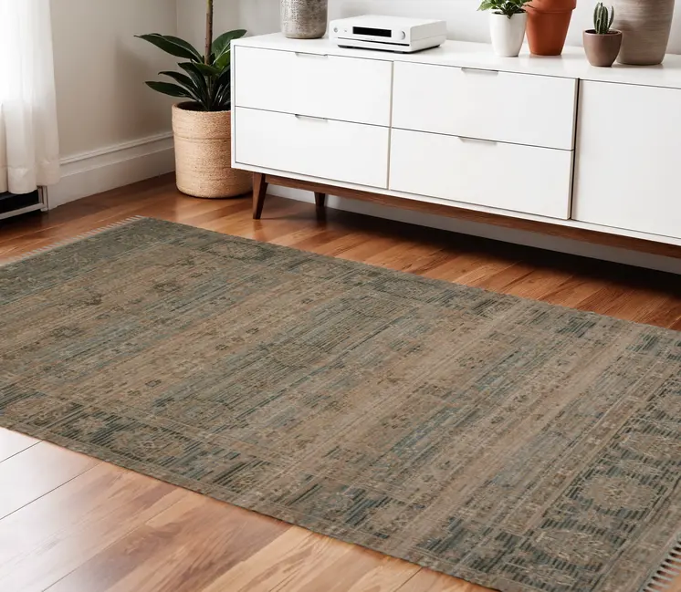 4' X 6' Brown Dark Gray And Dark Turquoise Oriental Hand Woven Area Rug With Fringe