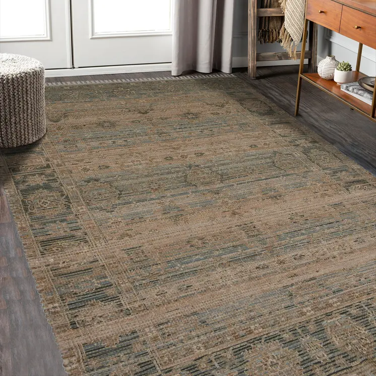 5' X 7' Brown Dark Gray And Dark Turquoise Oriental Hand Woven Area Rug With Fringe
