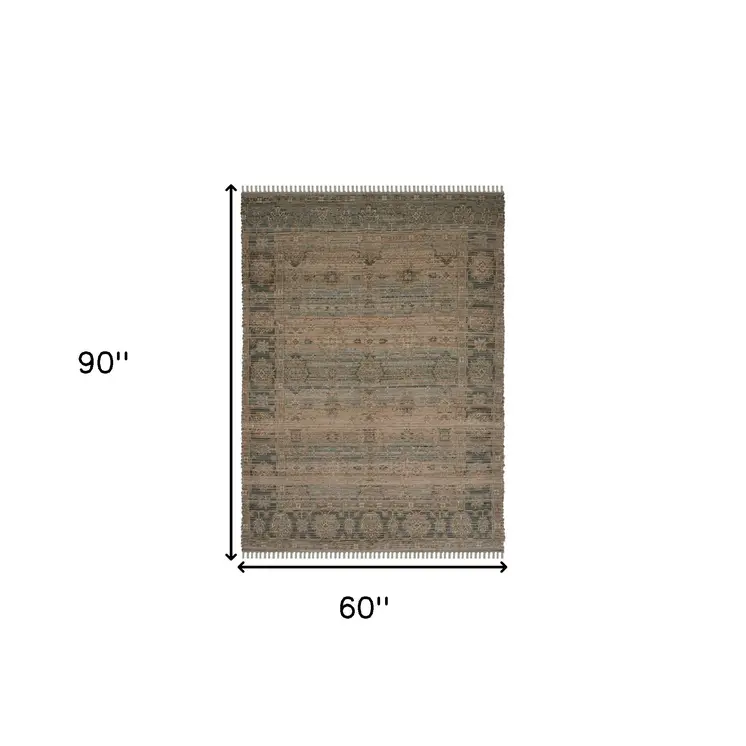 5' X 7' Brown Dark Gray And Dark Turquoise Oriental Hand Woven Area Rug With Fringe