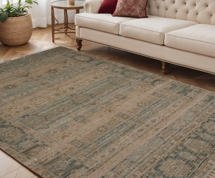 5' X 7' Brown Dark Gray And Dark Turquoise Oriental Hand Woven Area Rug With Fringe