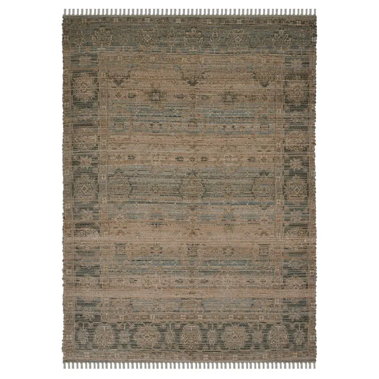 8' X 10' Brown Dark Gray And Dark Turquoise Oriental Hand Woven Area Rug With Fringe