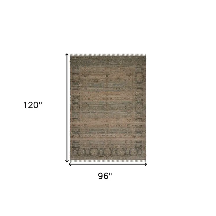 8' X 10' Brown Dark Gray And Dark Turquoise Oriental Hand Woven Area Rug With Fringe