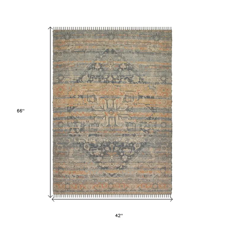 4' X 6' Orange Beige And Gray Oriental Hand Woven Area Rug With Fringe