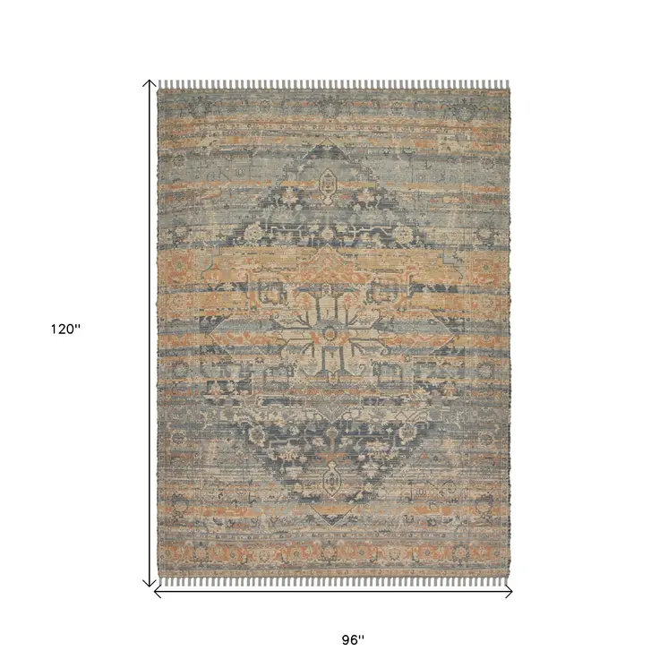 8' X 10' Orange Beige And Gray Oriental Hand Woven Area Rug With Fringe