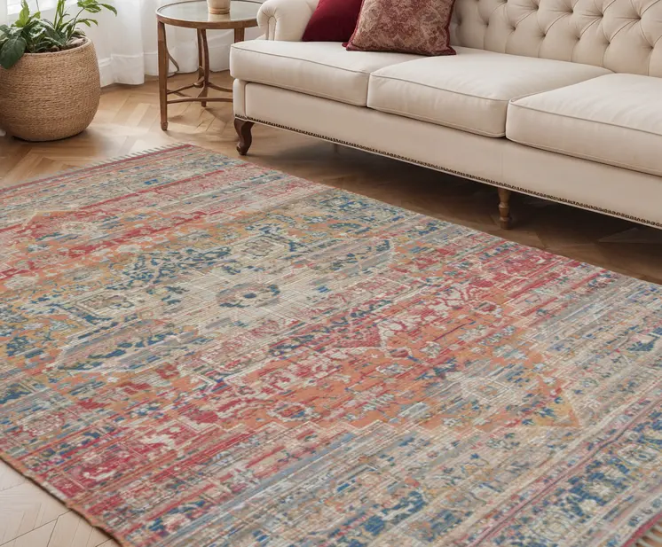 5' X 7' Blue Orange And Pink Oriental Hand Woven Area Rug With Fringe