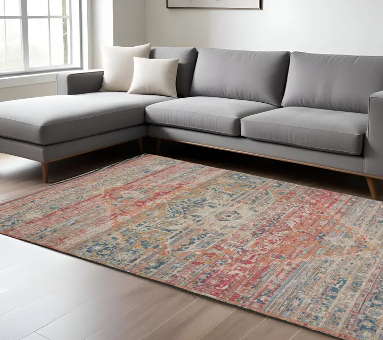 8' X 10' Blue Orange And Pink Oriental Hand Woven Area Rug With Fringe