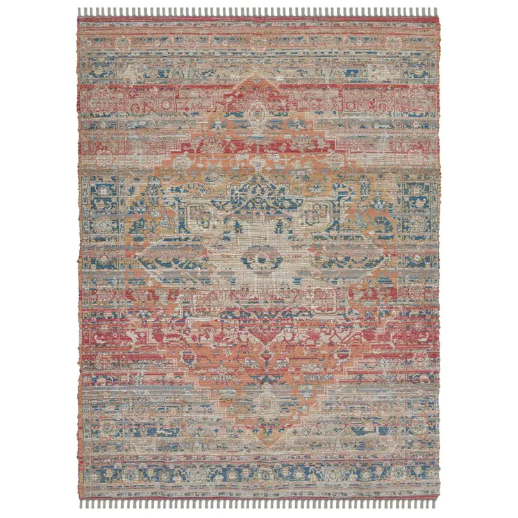 8' X 10' Blue Orange And Pink Oriental Hand Woven Area Rug With Fringe