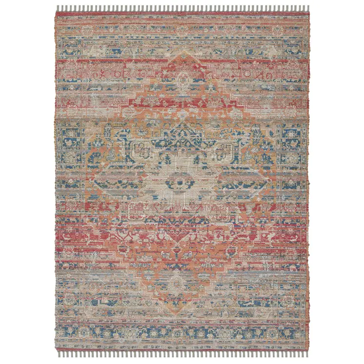 8' X 10' Blue Orange And Pink Oriental Hand Woven Area Rug With Fringe