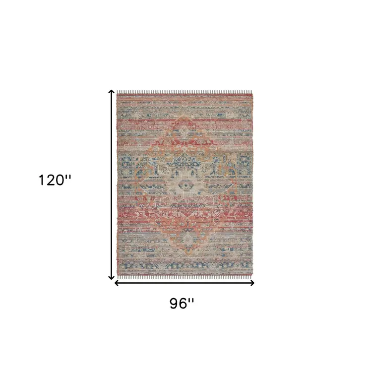 8' X 10' Blue Orange And Pink Oriental Hand Woven Area Rug With Fringe