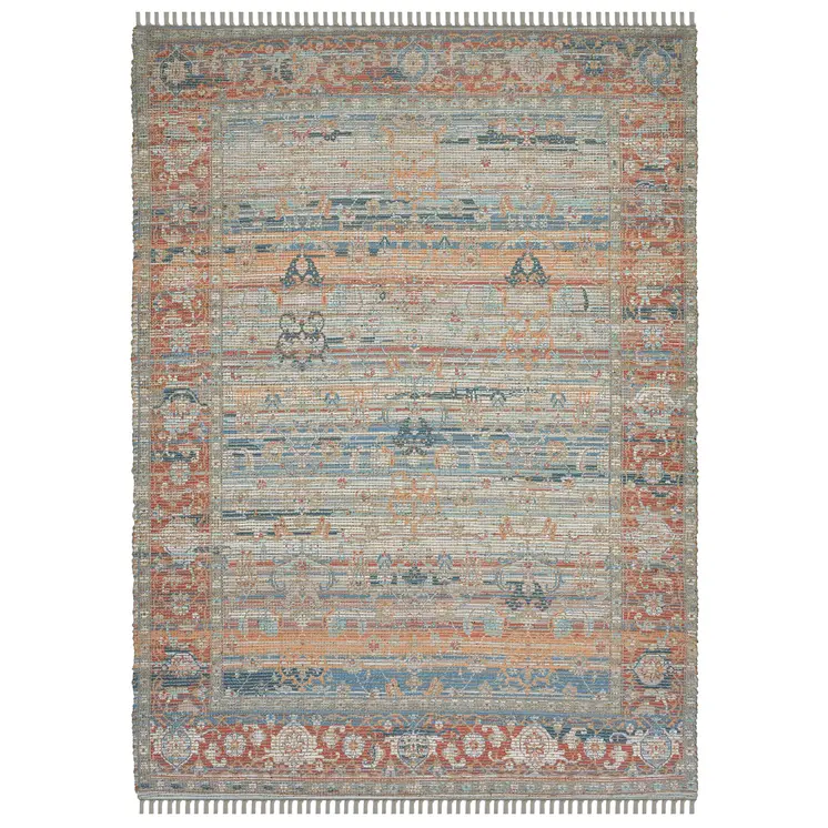 4' X 6' Blue Brick Red And Ivory Oriental Hand Woven Area Rug With Fringe