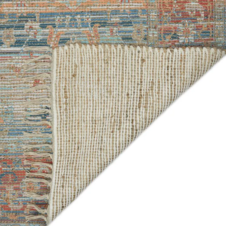 4' X 6' Blue Brick Red And Ivory Oriental Hand Woven Area Rug With Fringe