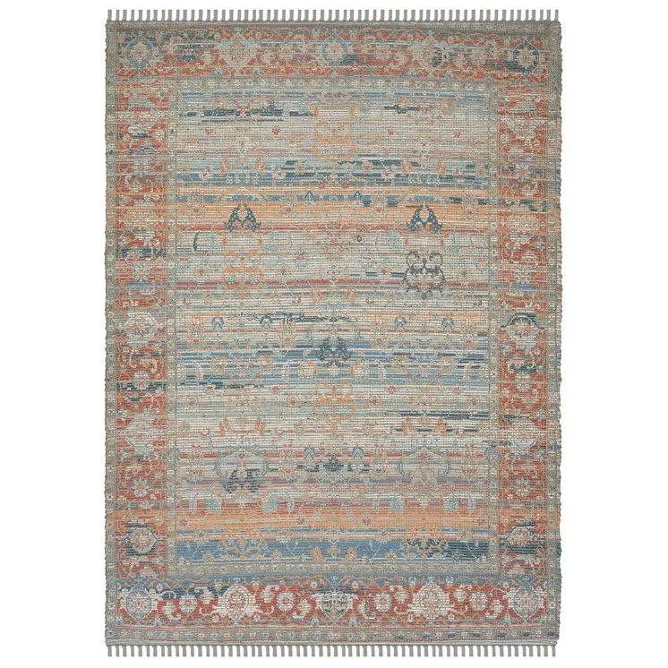 4' X 6' Blue Brick Red And Ivory Oriental Hand Woven Area Rug With Fringe