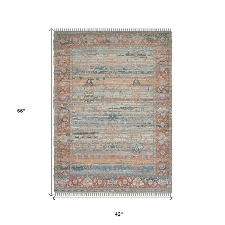 4' X 6' Blue Brick Red And Ivory Oriental Hand Woven Area Rug With Fringe
