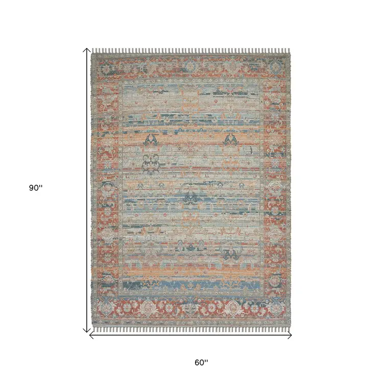 5' X 7' Blue Brick Red And Ivory Oriental Hand Woven Area Rug With Fringe
