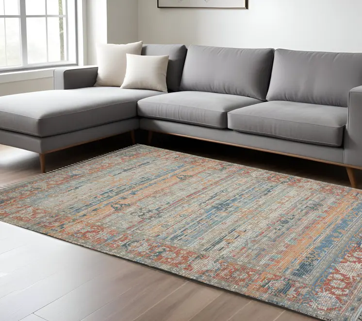 8' X 10' Blue Brick Red And Ivory Oriental Hand Woven Area Rug With Fringe