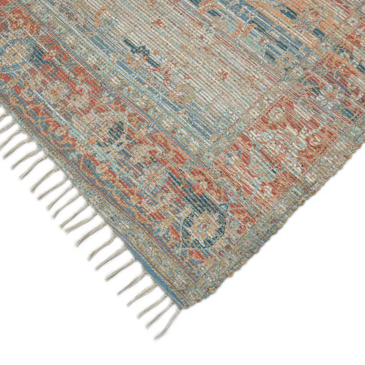 8' X 10' Blue Brick Red And Ivory Oriental Hand Woven Area Rug With Fringe