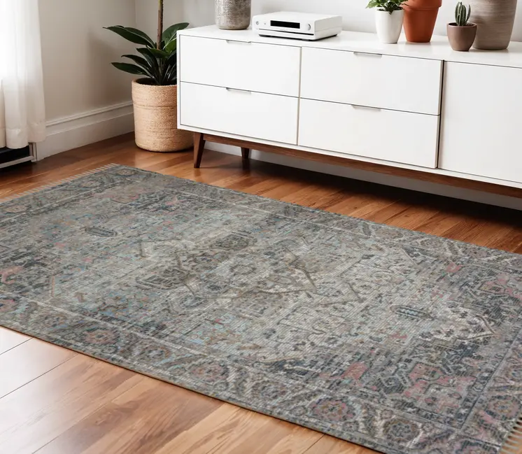 4' X 6' Light Blue Gray And Pink Oriental Hand Woven Area Rug With Fringe