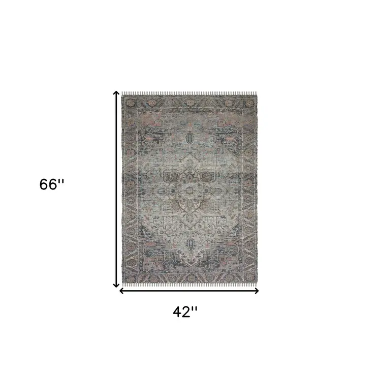4' X 6' Light Blue Gray And Pink Oriental Hand Woven Area Rug With Fringe